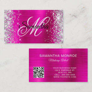 Silver Glitter Hot Pink Foil Monogram QR Code Business Card
