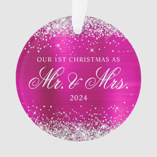 Silver Glitter Hot Pink Foil Our 1st Christmas Ornament (Front)
