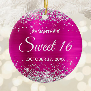 Silver Glitter Hot Pink Foil Sweet 16 Birthday Ceramic Tree Decoration