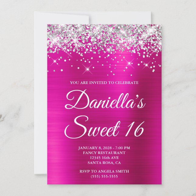 Silver Glitter Hot Pink Foil Sweet 16 Invitation (Front)