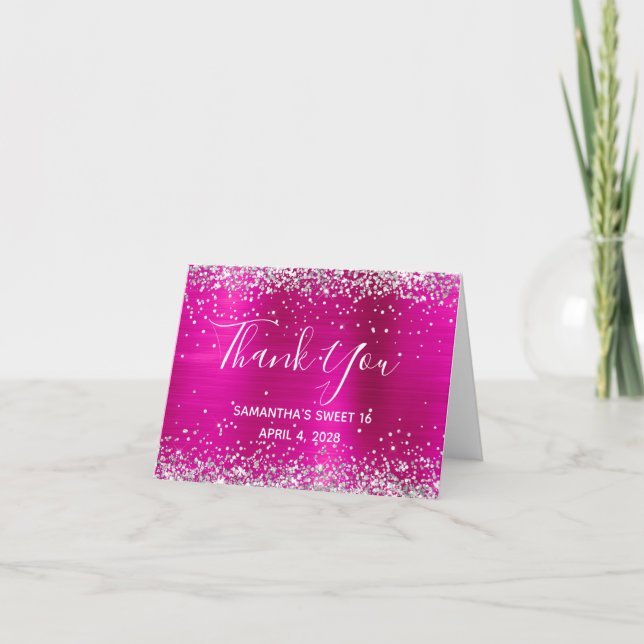 Silver Glitter Hot Pink Foil Sweet 16 Thank You Card (Front)