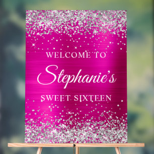 Silver Glitter Hot Pink Foil Sweet Sixteen Welcome Acrylic Sign