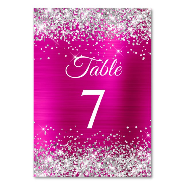 Silver Glitter Hot Pink Foil Table Number (Front)