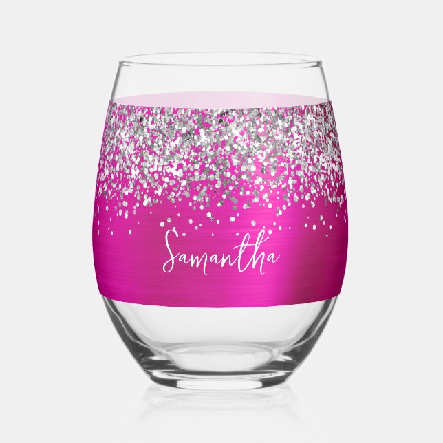 Silver Glitter Hot Pink Glam Name Stemless Wine Glass (Front)