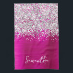 Silver Glitter Hot Pink Glam Name Tea Towel<br><div class="desc">Customise the modern handwritten style script to create your own personalised kitchen towel for her new home.
Add a monogram initial to create a first name initial combination.
Girly faux silver glitter and hot pink metallic foil digital art that will print like a photo on your design.</div>