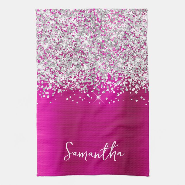 Silver Glitter Hot Pink Glam Name Tea Towel (Vertical)