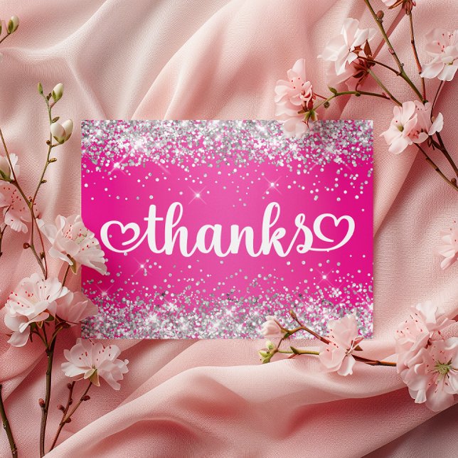 Silver Glitter Hot Pink Hearts Sweet 16 Thanks Postcard (Silver Glitter Hot Pink Hearts Sweet 16 Thanks Postcard)