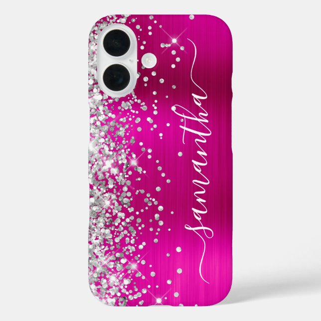 Silver Glitter Hot Pink Metallic Girly Signature Case-Mate iPhone Case (Back)