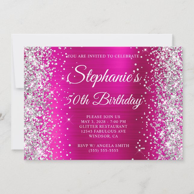Silver Glitter Hot Pink Monogram 50th Birthday Invitation (Front)
