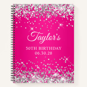 Silver Glitter Hot Pink Ombre 50th Birthday Guest Notebook