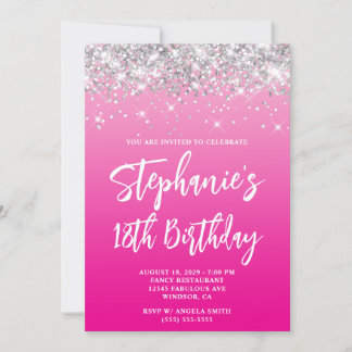 Silver Glitter Hot Pink Ombre Bold 18th Birthday Invitation