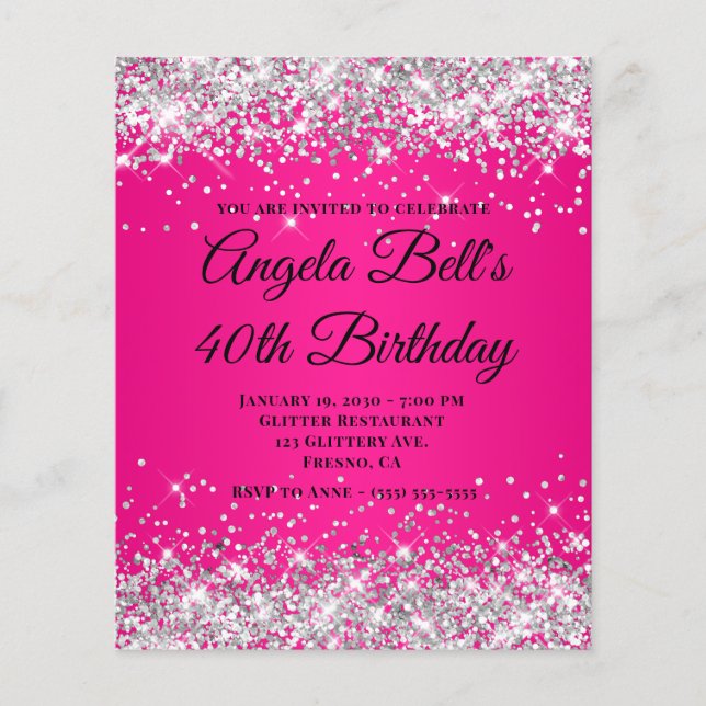 Silver Glitter Hot Pink Ombre Fancy Monogram 40th Flyer (Front)