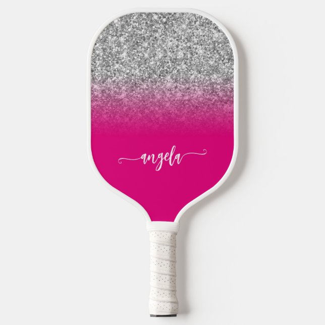 Silver Glitter Hot Pink Ombre Name Pickleball Paddle (Front)