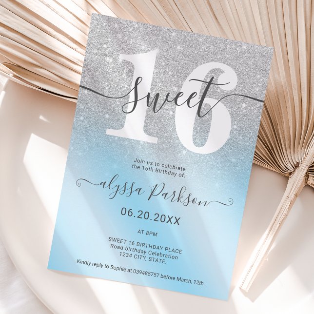 Silver glitter ice blue chic girly Sweet 16 Invitation (Creator Uploaded)