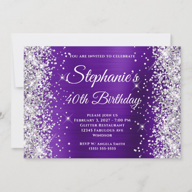 Silver Glitter Indigo Purple Fancy 40th Birthday Invitation (Front)