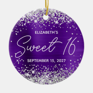 Silver Glitter Indigo Purple Fancy Sweet 16 Photo Ceramic Tree Decoration