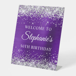 Silver Glitter Indigo Purple Foil 50th Birthday Pedestal Sign
