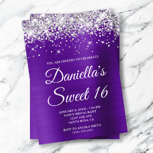 Silver Glitter Indigo Purple Foil Sweet 16 Invitation