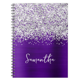 Silver Glitter Indigo Purple Glam Script Name Notebook