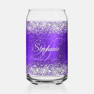 Silver Glitter Indigo Violet Glam Fancy Monogram Can Glass
