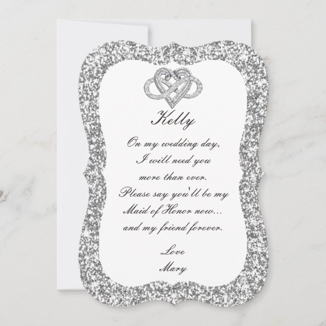 Silver Glitter Infinity Heart Maid Of Honour Card (Front)