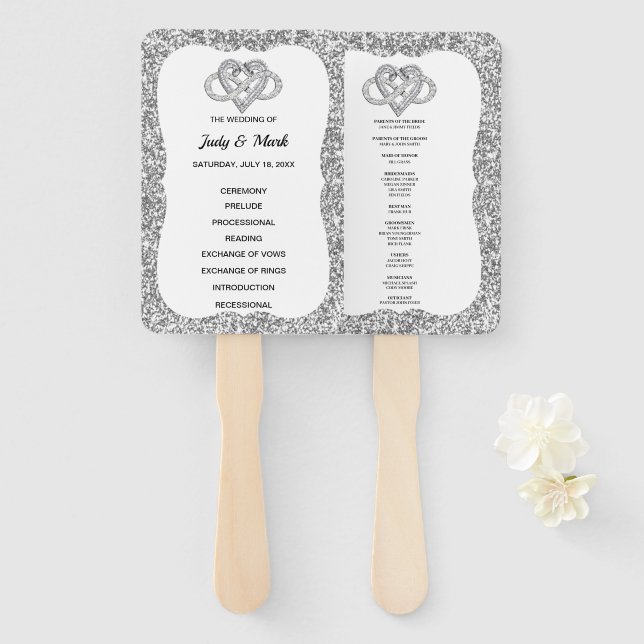 Silver Glitter Infinity Heart Wedding Program Fans (Front and Back)