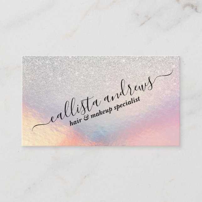 Silver Glitter Iridescent Holographic Gradient Business Card (Front)