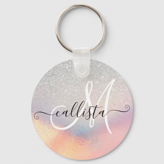Silver Glitter Iridescent Holographic Gradient Key Ring (Front)