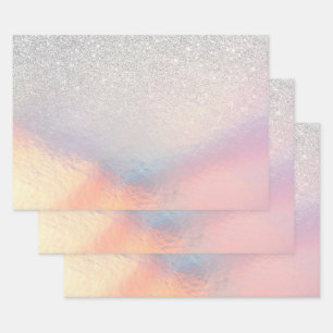 Silver Glitter Iridescent Holographic Gradient Wrapping Paper Sheet