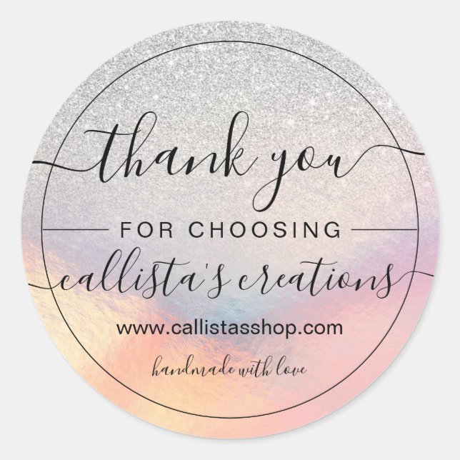 Silver Glitter Iridescent Holographic Thank You Classic Round Sticker (Front)