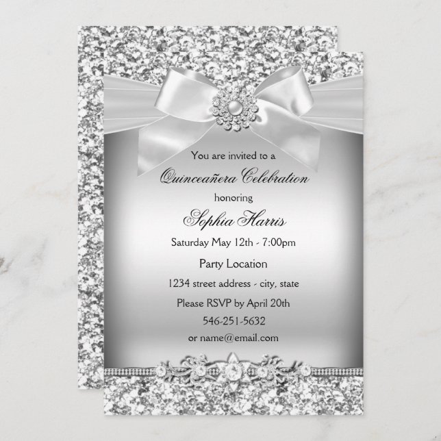 Silver Glitter & Jewel Bow Quinceanera Invitation (Front/Back)