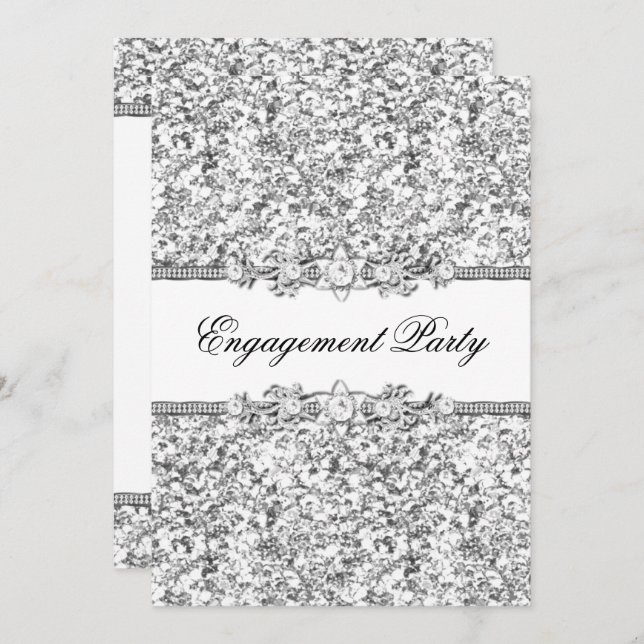 Silver Glitter & Jewel Engagement Party Invite (Front/Back)