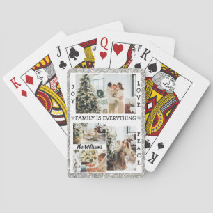 Silver Glitter Joy Love Peace Family Name & Photo Playing Cards