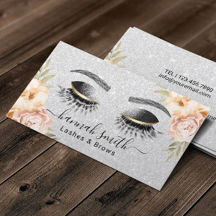 Silver Glitter Lashes & Brows Beauty Salon Floral Business Card