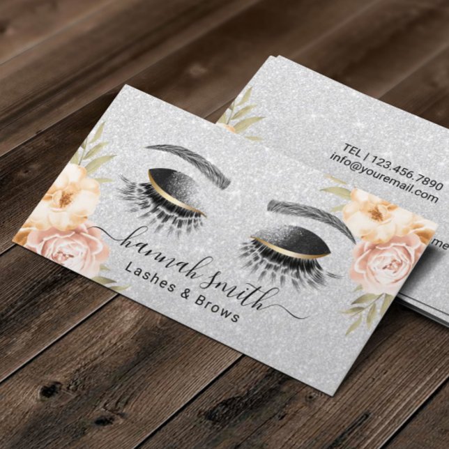 Silver Glitter Lashes & Brows Beauty Salon Floral Business Card (Creator Uploaded)