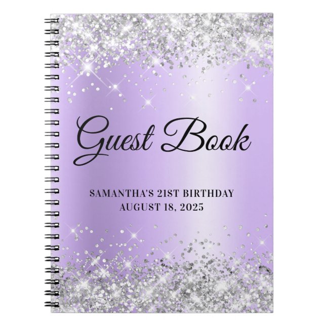 Silver Glitter Lavender 21st Birthday Guestbook Notebook (Front)