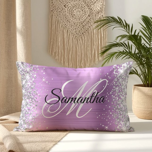 Silver Glitter Lavender Foil Fancy Monogram Lumbar Cushion (Silver Glitter Lavender Foil Fancy Monogram Lumbar Pillow)