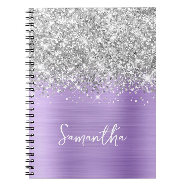 Silver Glitter Lavender Glam Script Name Notebook (Front)
