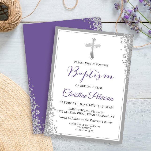 Silver Glitter  Lavender Purple Baptism Invitation (Creator Uploaded)