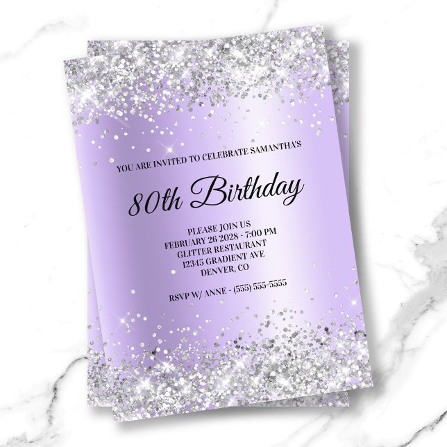 Silver Glitter Lavender Satin Foil 80th Birthday Invitation (Silver Glitter Lavender Satin Foil 80th Birthday Invitation)