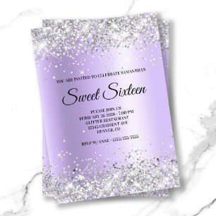 Silver Glitter Lavender Satin Foil Sweet Sixteen Invitation