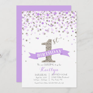Silver Glitter Lavender Sprinkles Modern Birthday Invitation