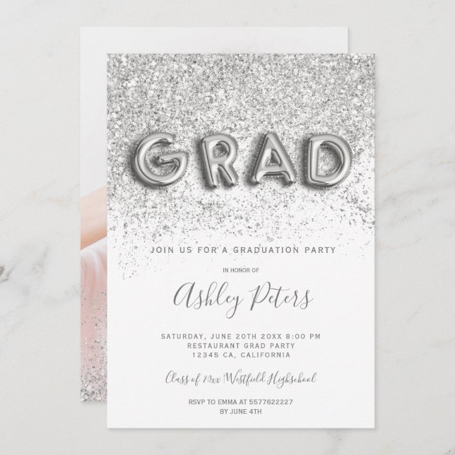 Silver glitter letters pink photo graduation invitation (Front/Back)