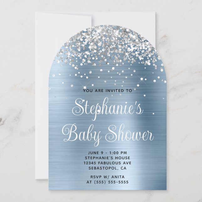 Silver Glitter Light Blue Baby Shower Invitation (Front)