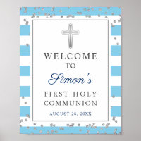 Silver Glitter Light Blue First Communion Welcome