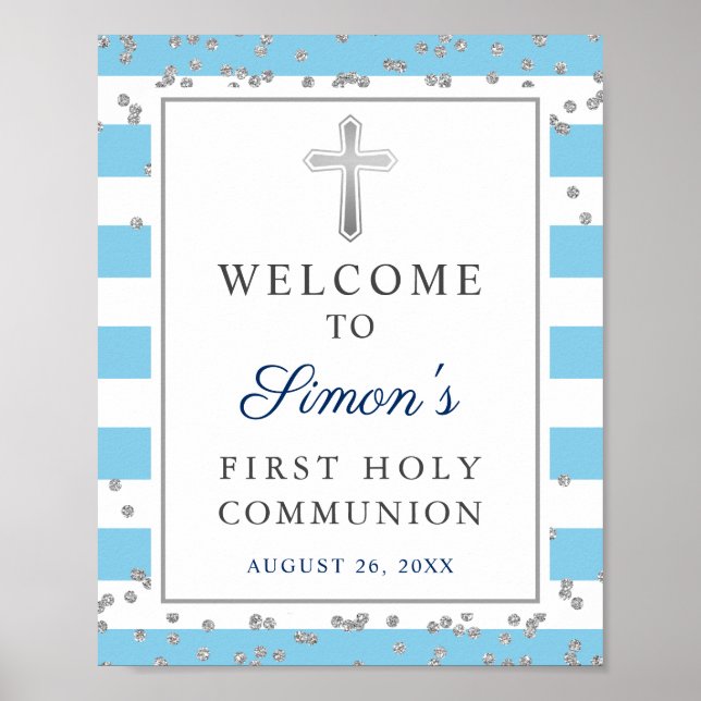 Silver Glitter Light Blue First Communion Welcome Poster (Front)
