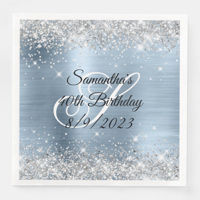 Silver Glitter Light Blue Foil 40th Birthday Napkin (Front)