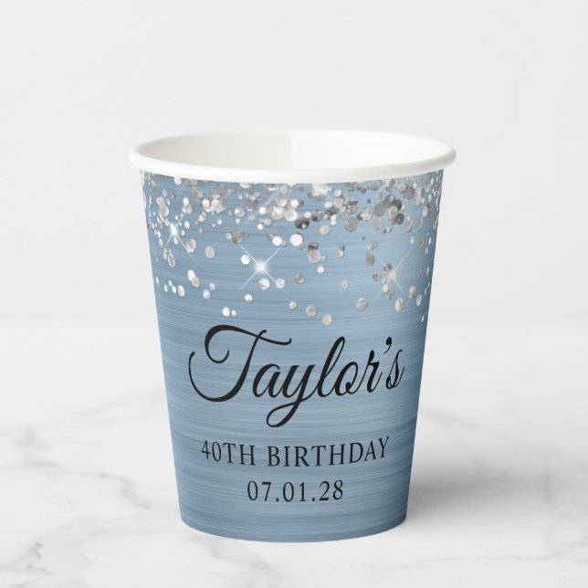Silver Glitter Light Blue Foil 40th Birthday Paper Cups (Left)