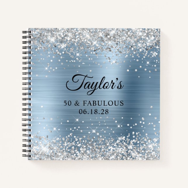 Silver Glitter Light Blue Foil 50 & Fabulous Guest Notebook (Front)
