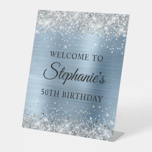 Silver Glitter Light Blue Foil 50th Birthday Pedestal Sign
